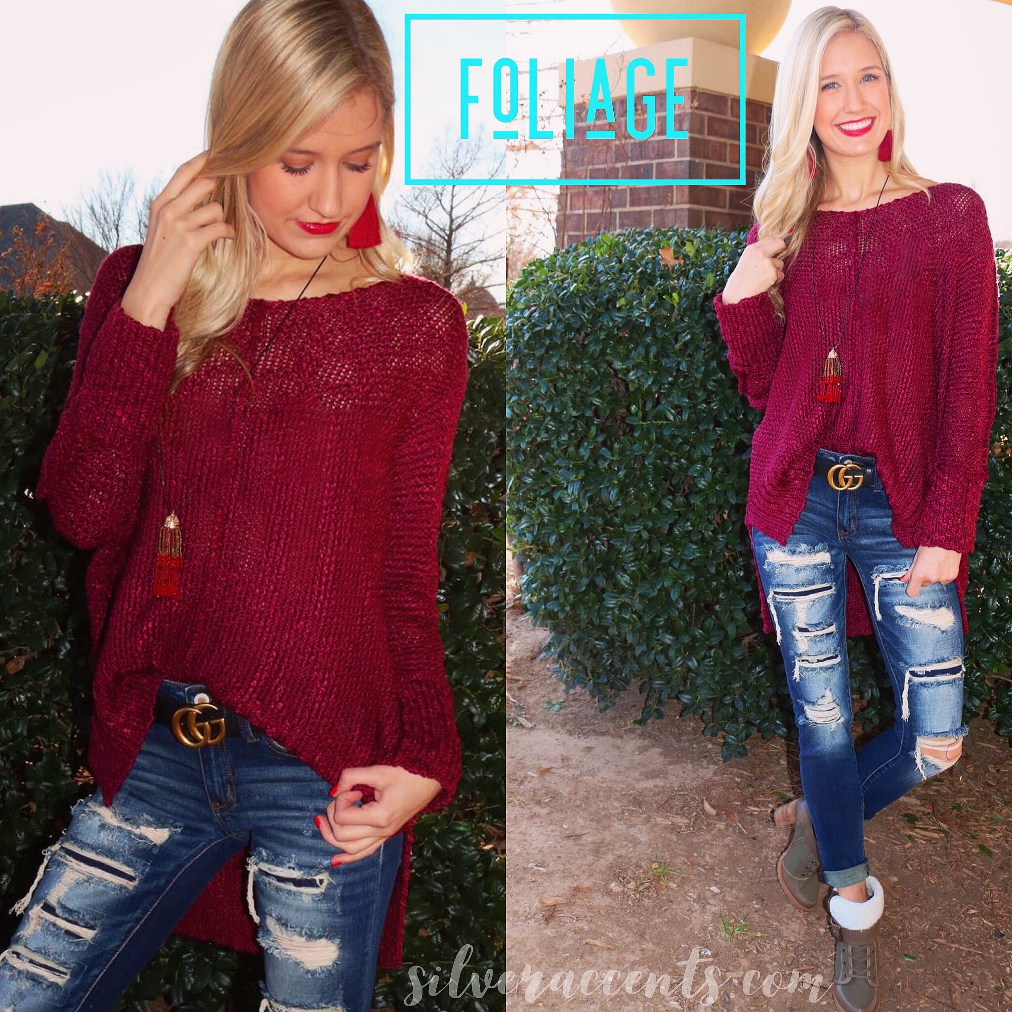 FOLIAGE V-Neck Side Slit HiLo Sweater Top