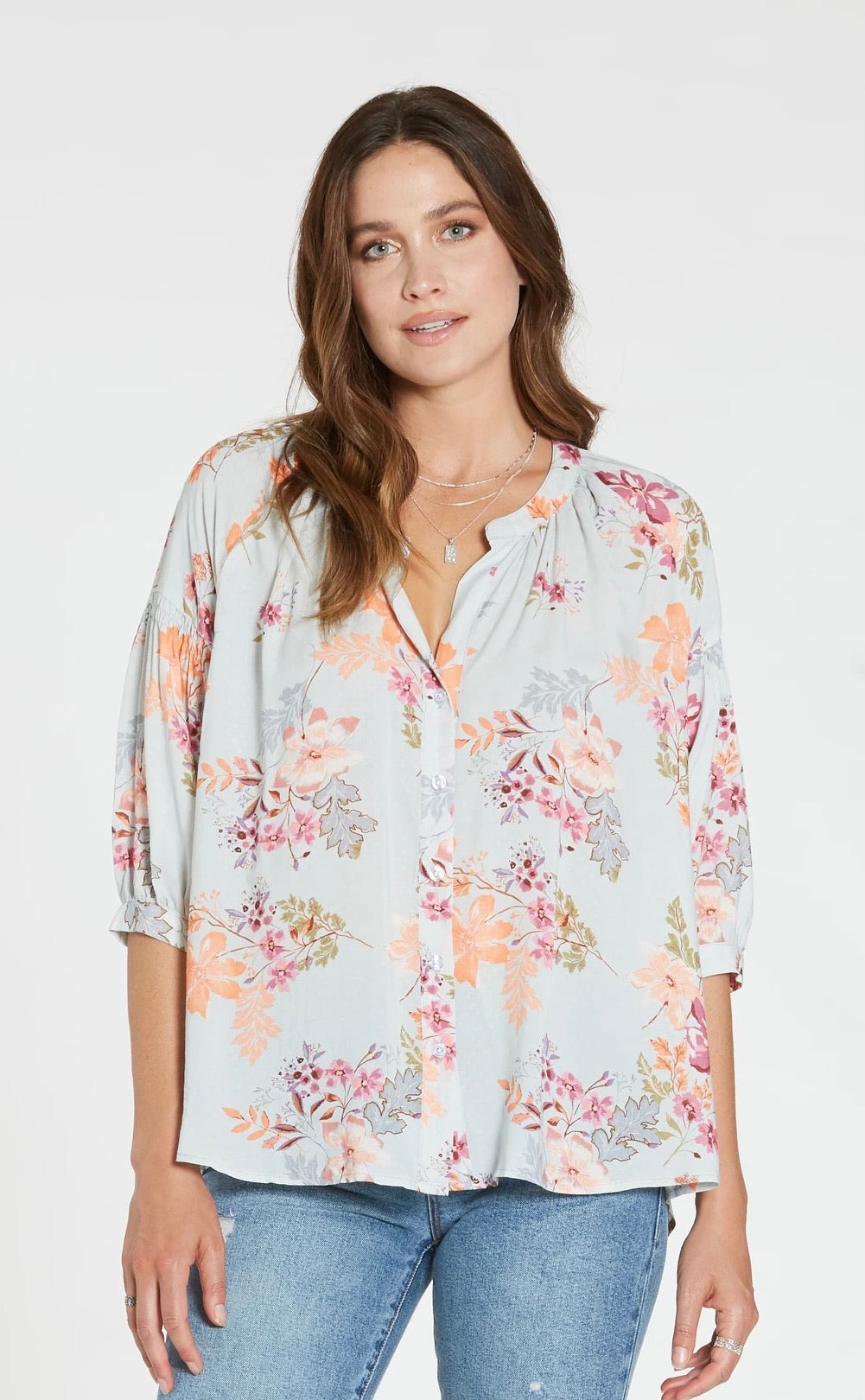 DEAR JOHN Floral AUDREY Balloon~Sleeve ButtonDown Top
