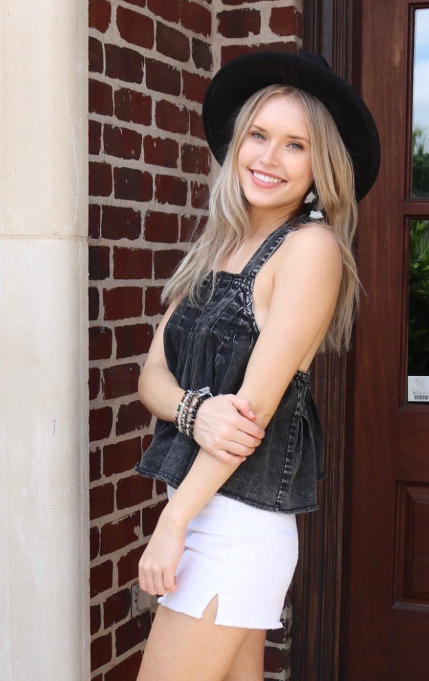 FREE PEOPLE Pleated MARINA RawHem Denim Top