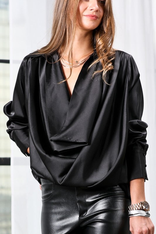 BRAZEN Collared Cowl~Neck Satin Top