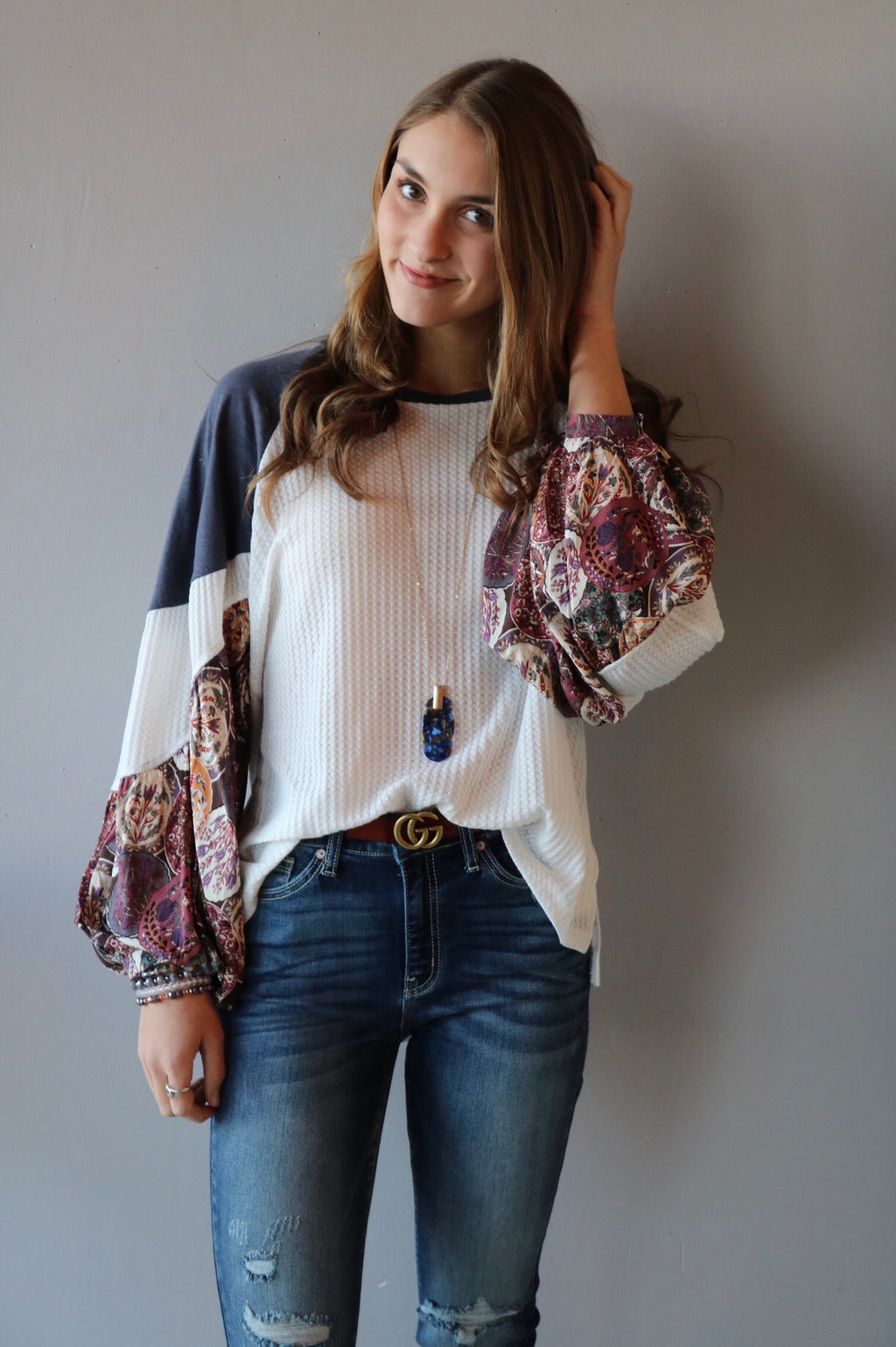 VIGILANT Floral PatchSleeve WaffleKnit Top
