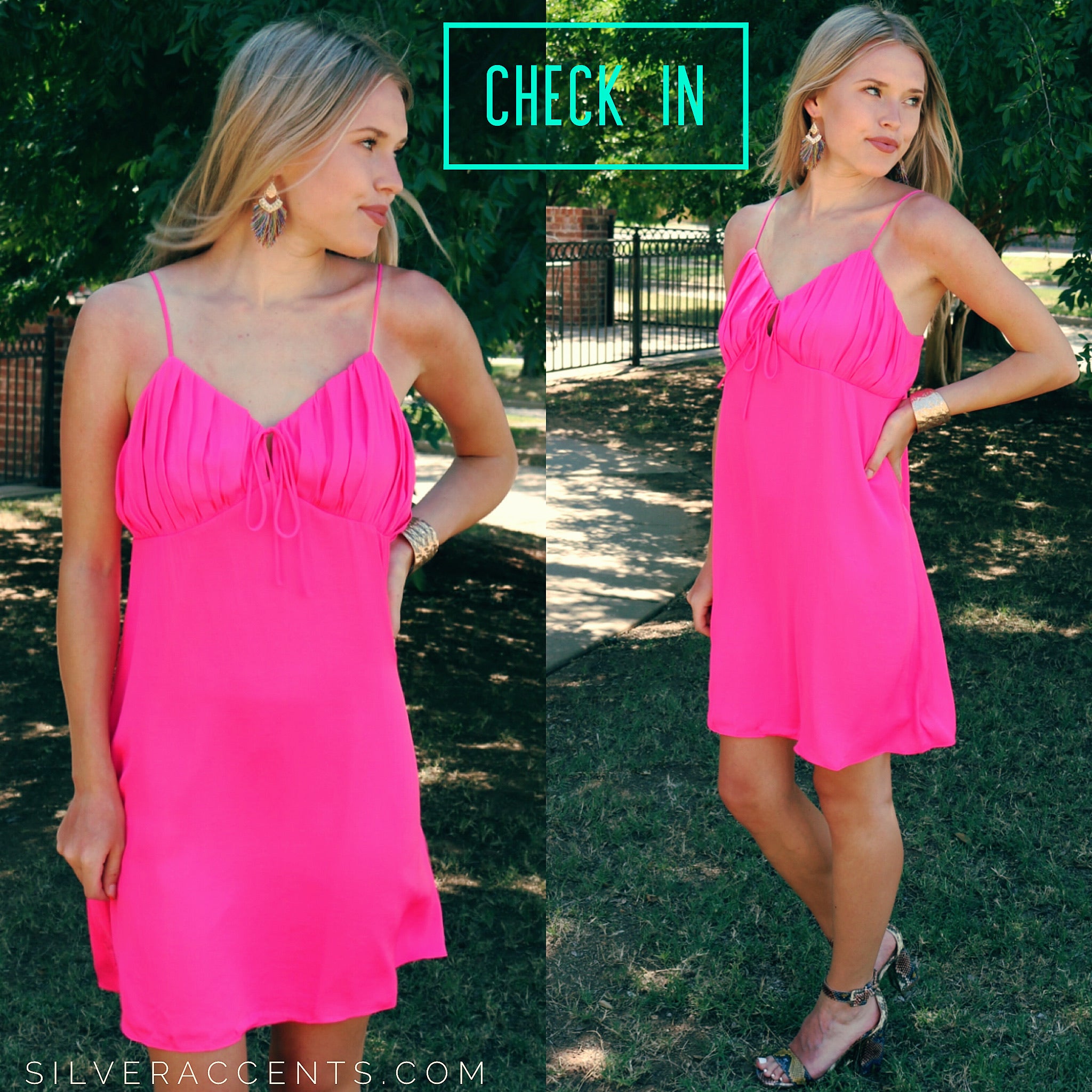 CHECK IN Pleated Bust Satin Cami Dress