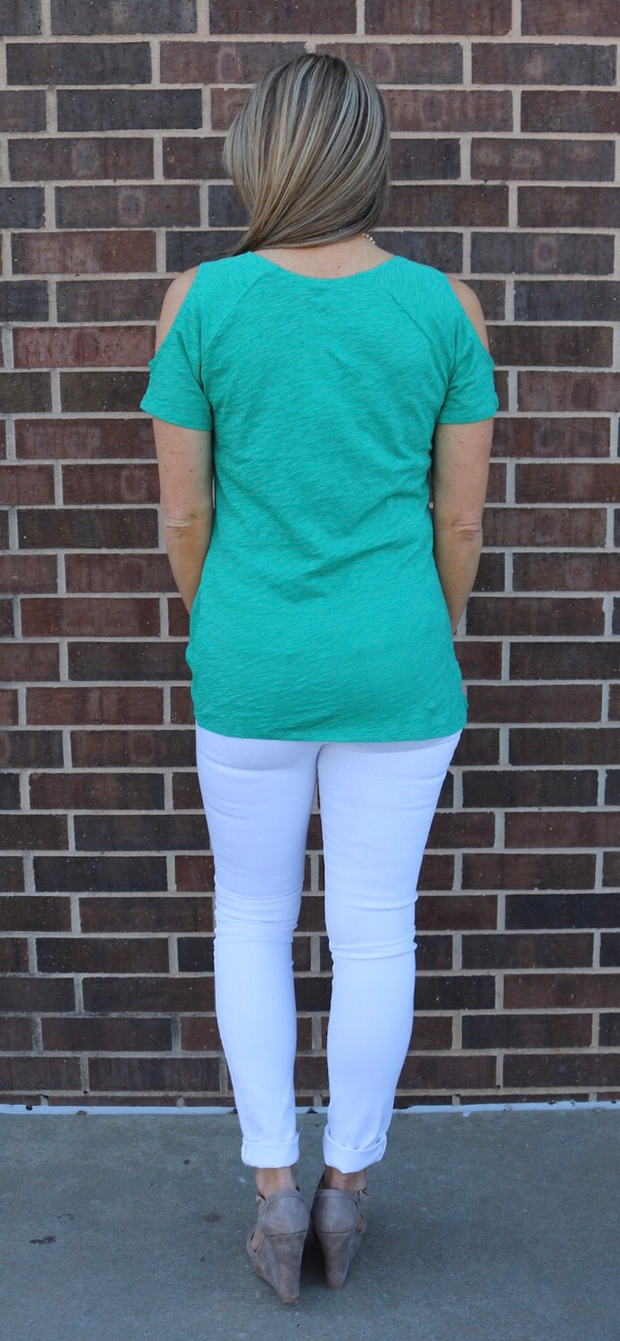 *BOBI ColdShoulder WORTH IT TwistBottom Slub Jersey Tee Top