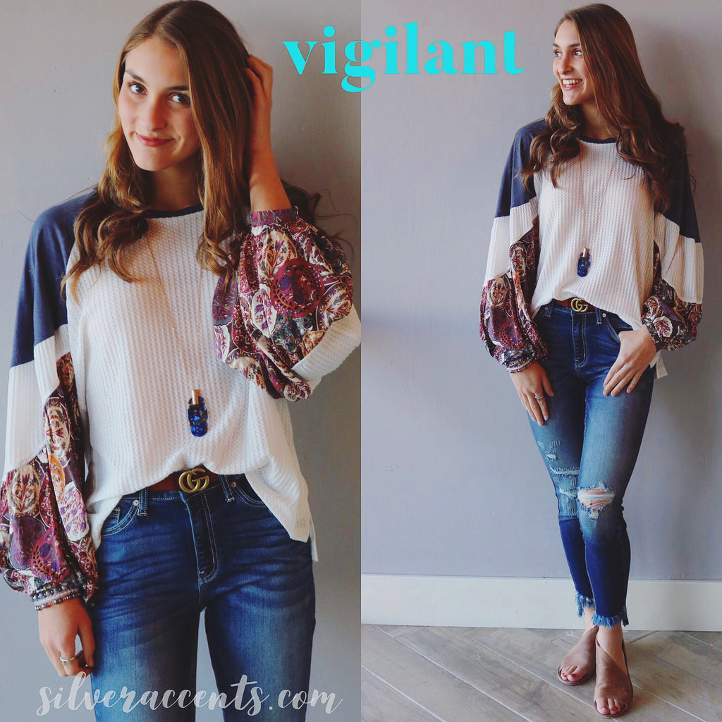 VIGILANT Floral PatchSleeve WaffleKnit Top
