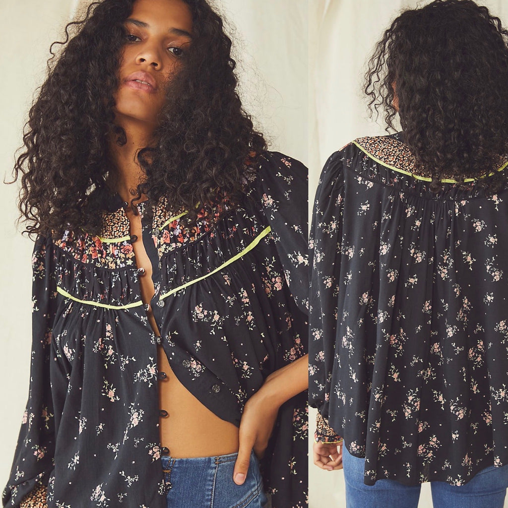 FREE PEOPLE Floral PALOMA ButtonDown Pleated Yoke Top