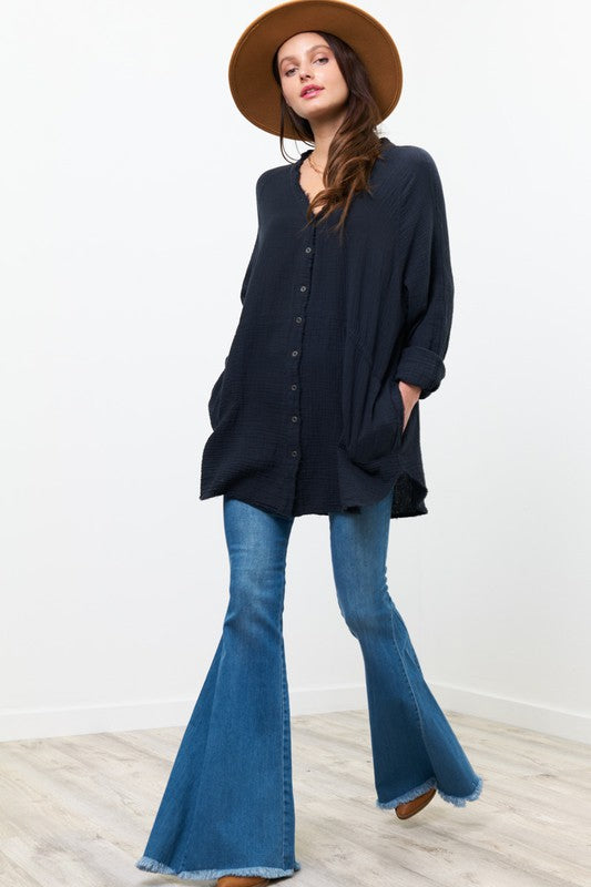 Newbury Kustom INTUITION Gauze ButtonDown FrayHem MandarinCollar Tunic Top