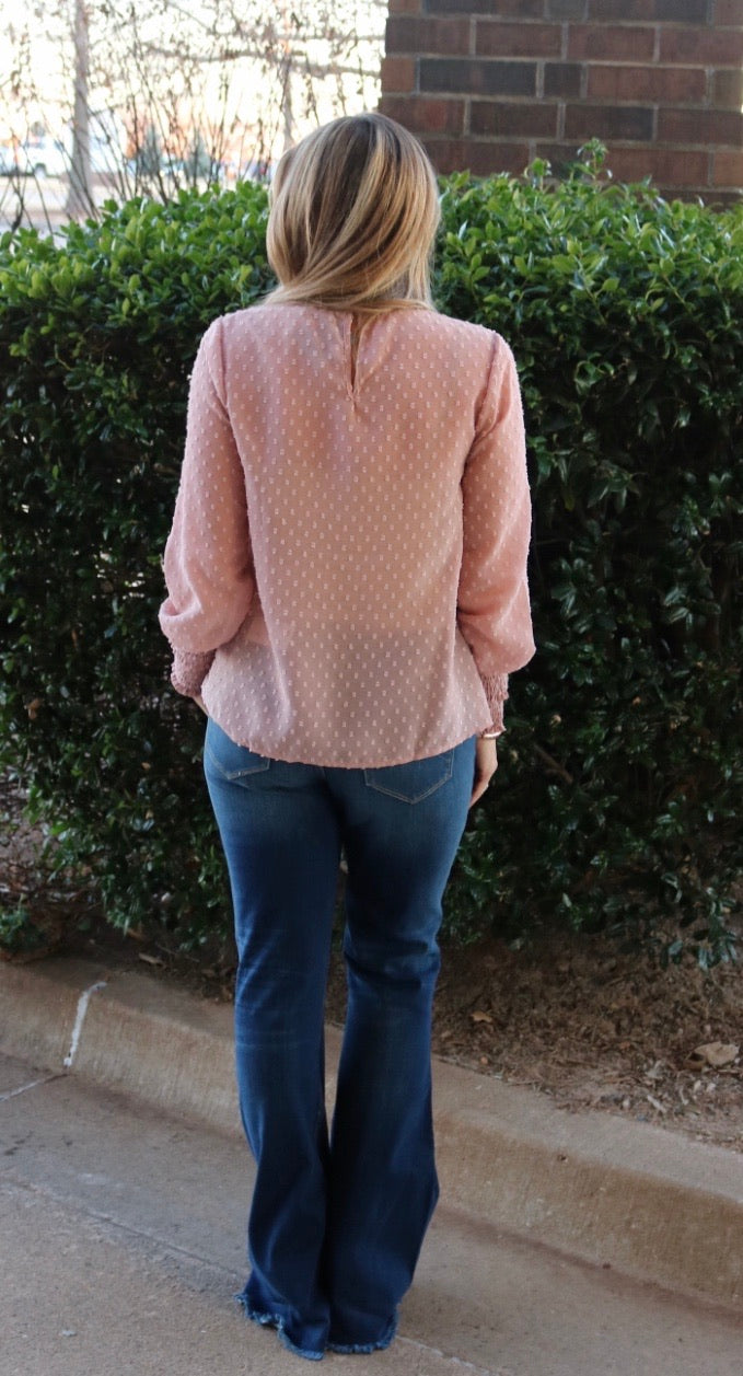 FOR KEEPS SwissDot Smocked Chiffon MockNeck Top