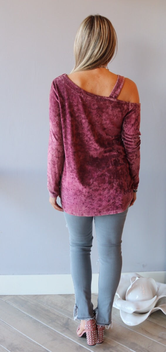 MERRIMENT Garment Dye Velvet OneShoulder Top