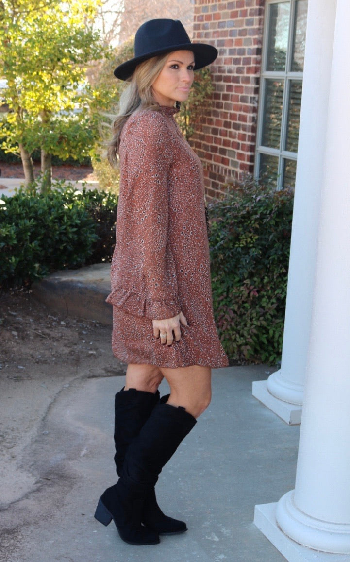 TOURIST Cheetah Ruffle MockNeck Chiffon Dress