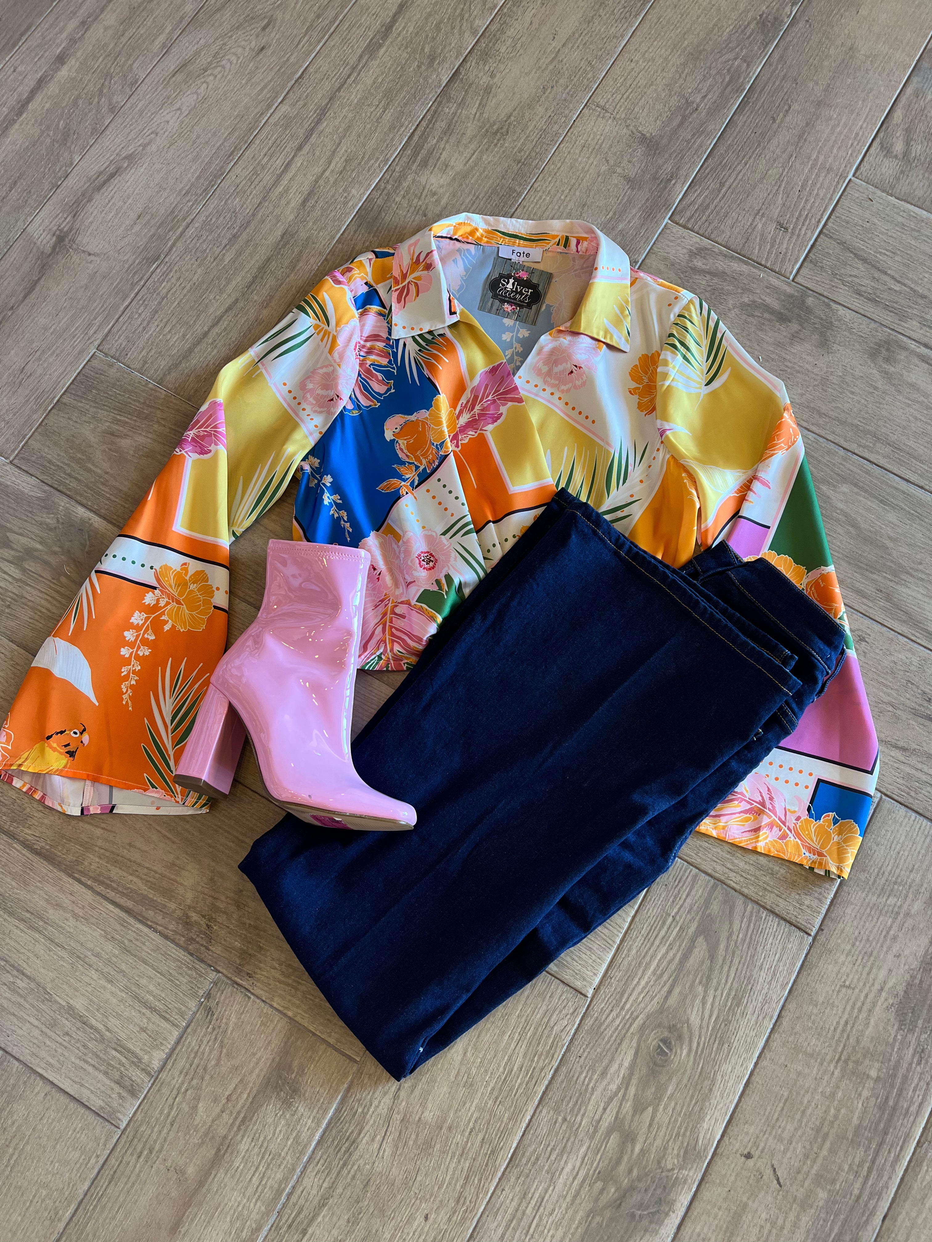 BASK Tropical Print CrossOver WaistCrop Satin Top