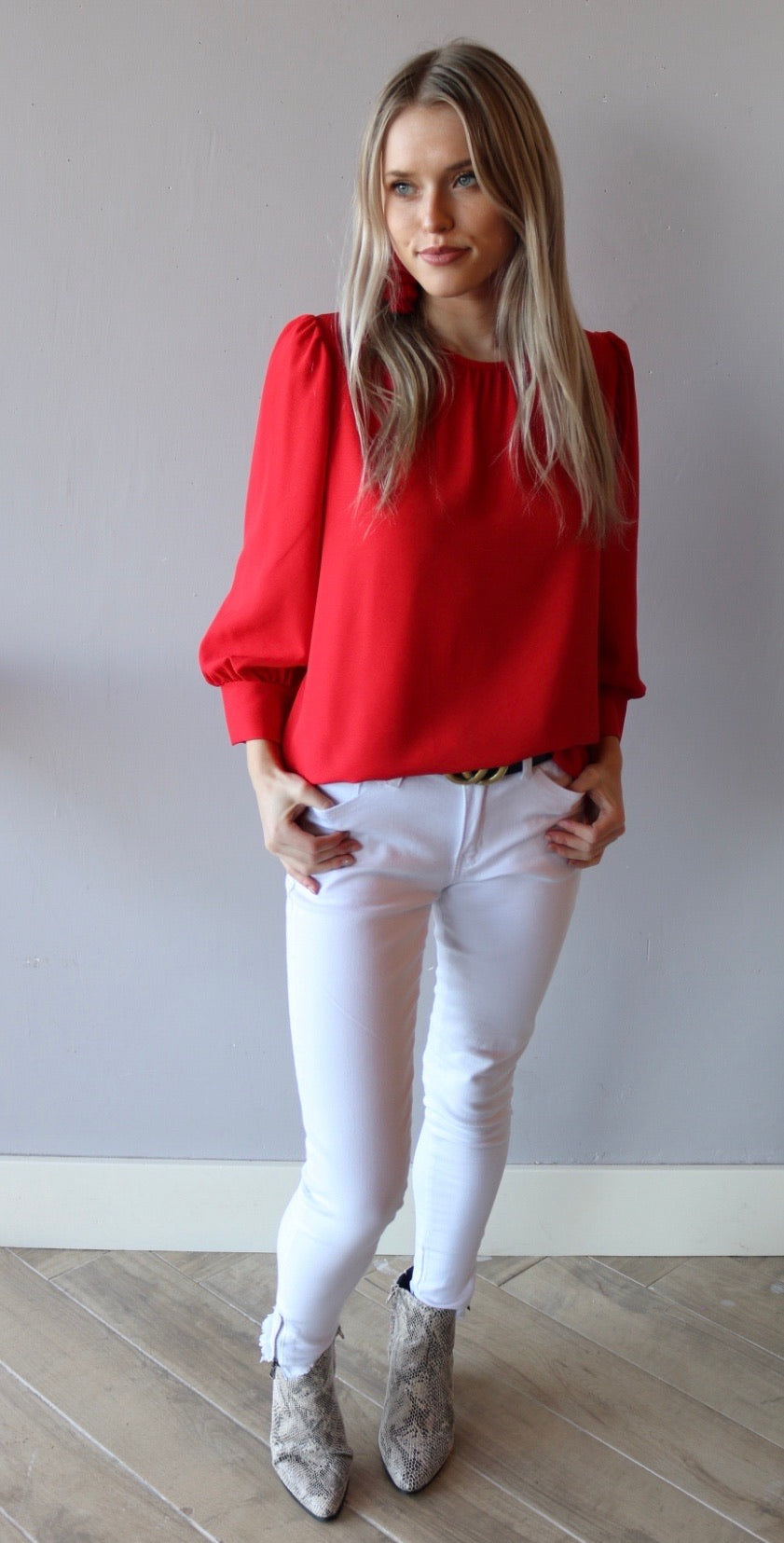 PRIORITY CuffSleeve Shirred Neck Woven Top