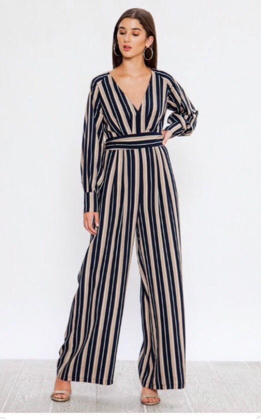 Flying Tomato DECISIVE Stripe V-Neck LongSleeve Jumpsuit Pant Romper