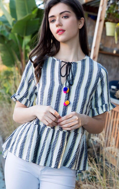 UNDIVIDED Stripe RuffleHem/Short Sleeve Pom TieNeck Top