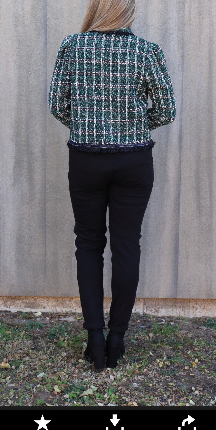 LILY Embellished Tweed Plaid Fringe Jacket