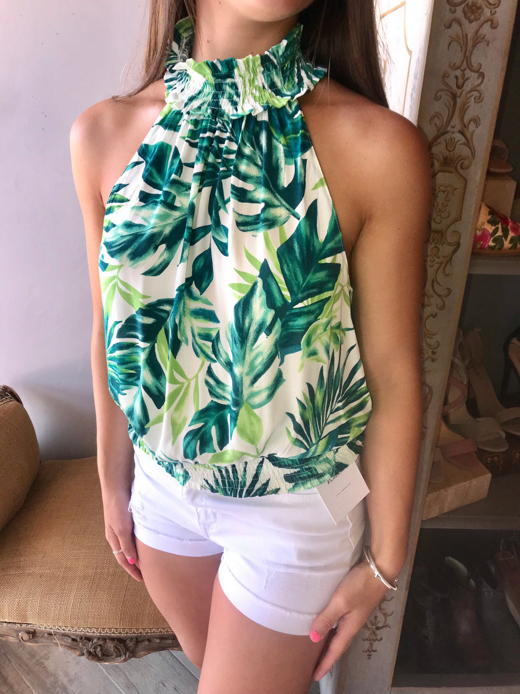DESTINED Palm Print Smock Green Top