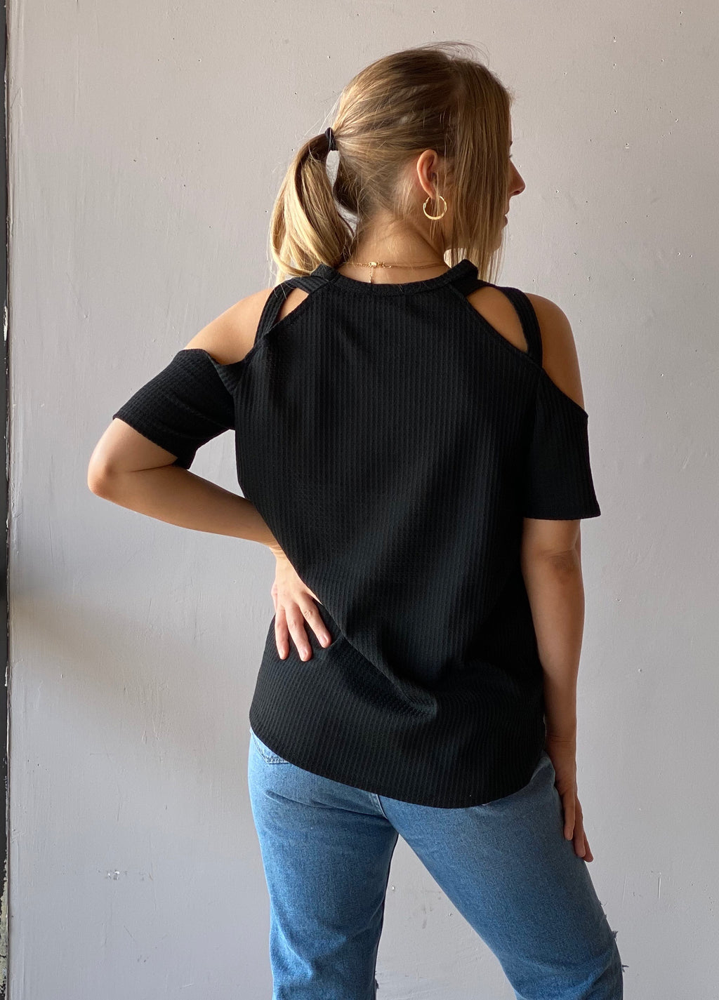 HALLELUJAH Strappy ColdShoulder WaffleKnit ShortSleeve Top