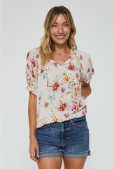 *ANOTHER LOVE Short Sleeve BALI Floral Ruffle Tie Top