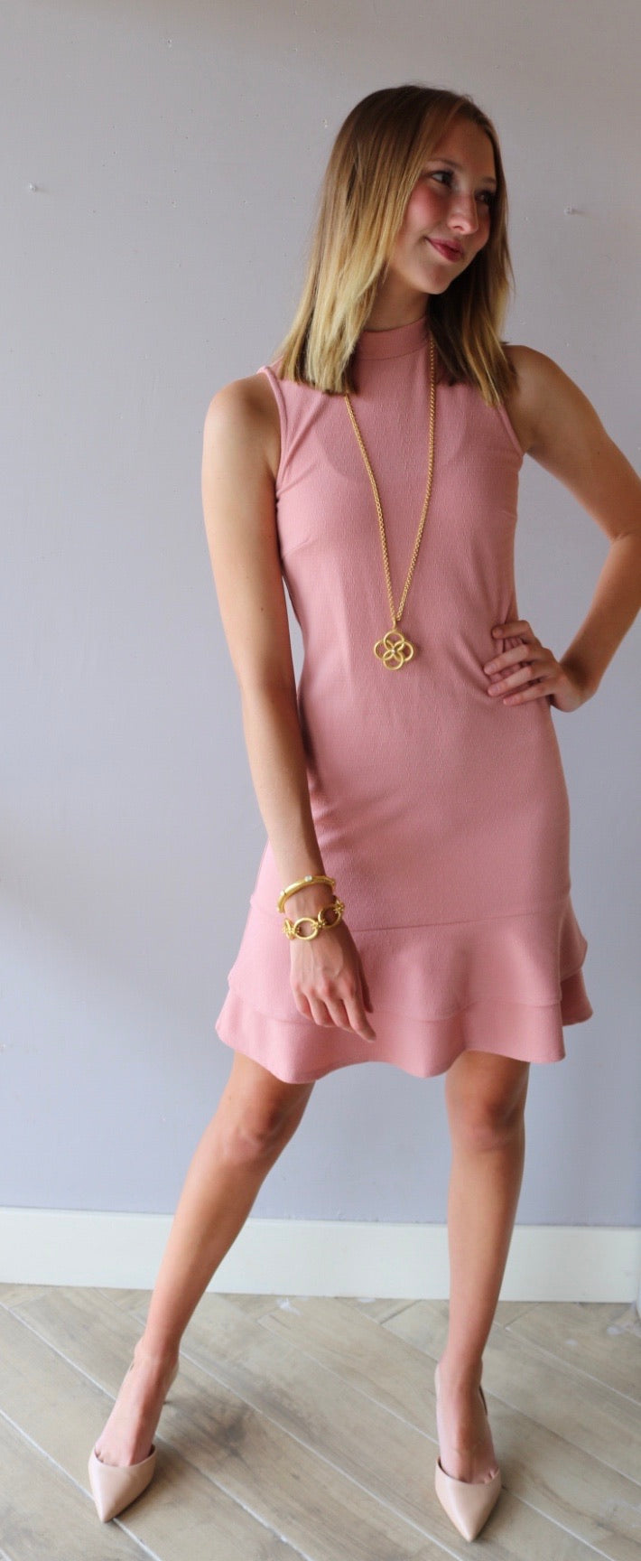 Peach Love California FAST TRACK MockNeck Double Ruffle Hem BodyCon Dress