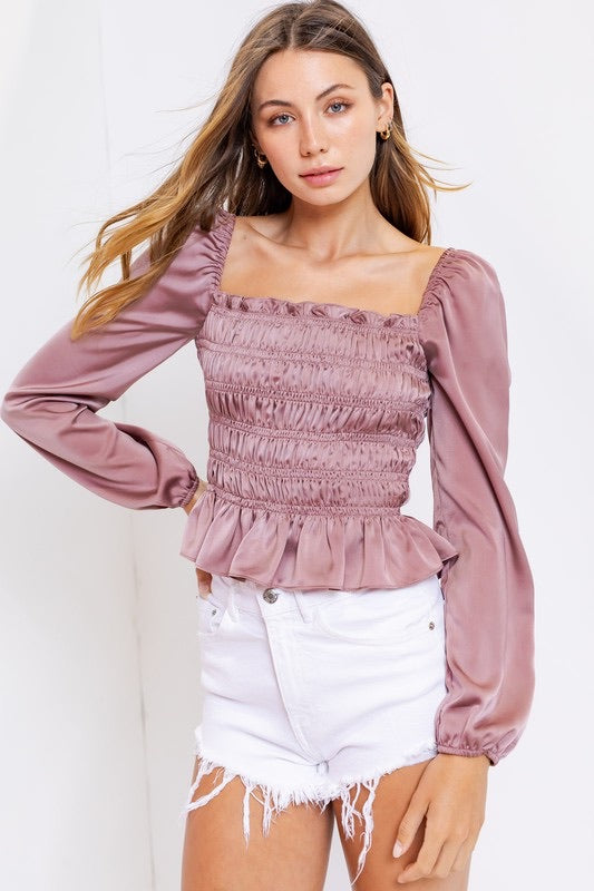 BRIDGERTON SquareNeck Shirred PuffSleeve Satin Top