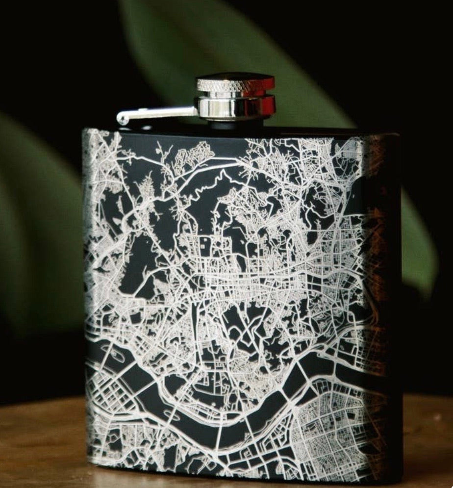 DIRECTIONS Engraved Map Hip Flask w/Funnel