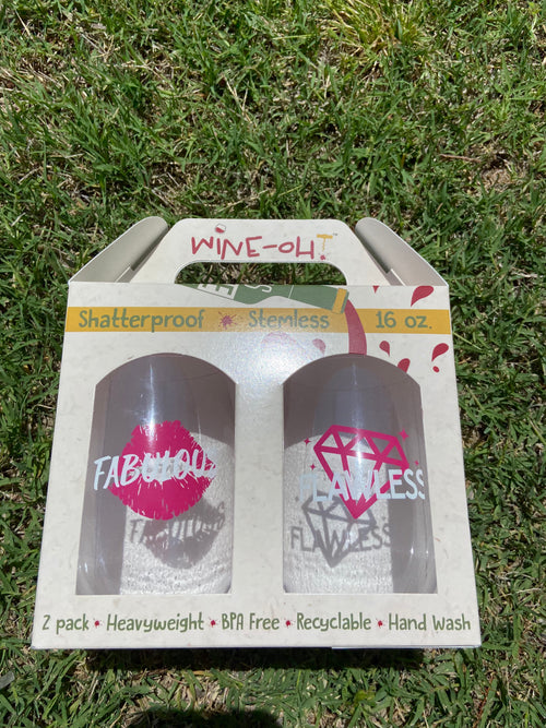 2 PACK Designer Shatterproof Logo Stemless Wine Glasses
