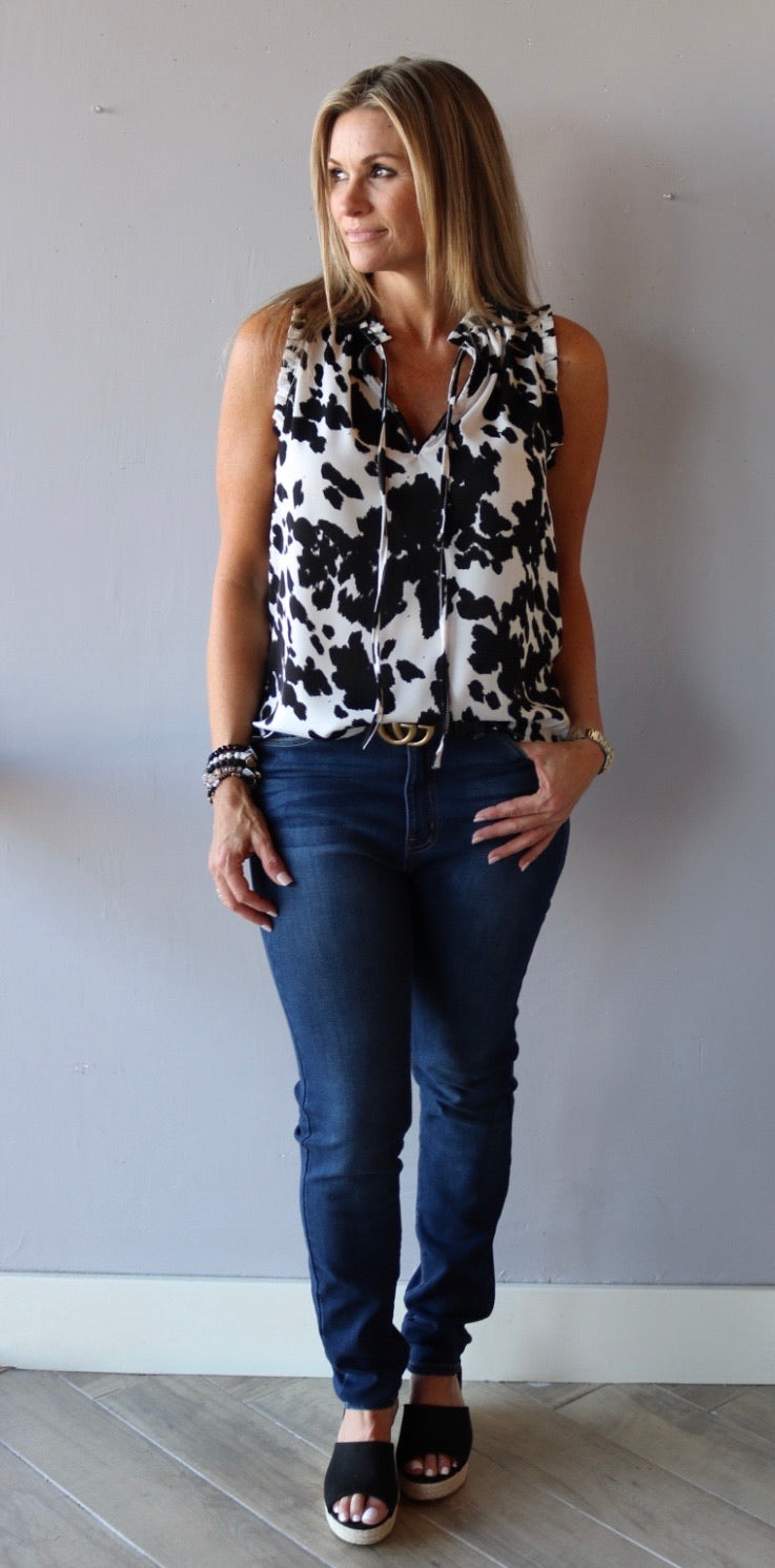 TAURUS Animal Print RuffleNeck TieFront Top