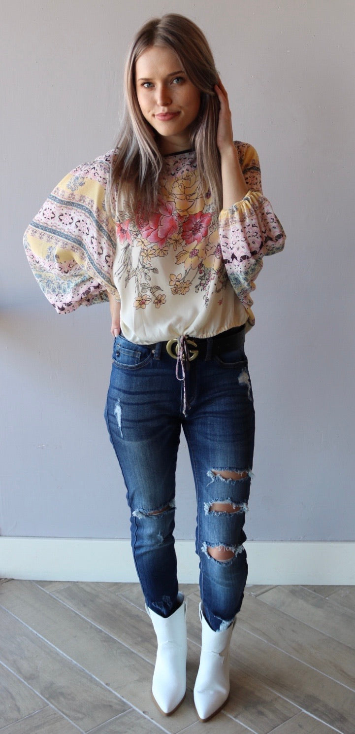 FREE PEOPLE Ivory Multi BLUE NILE Floral Print Drawstring Bottom Silk Top