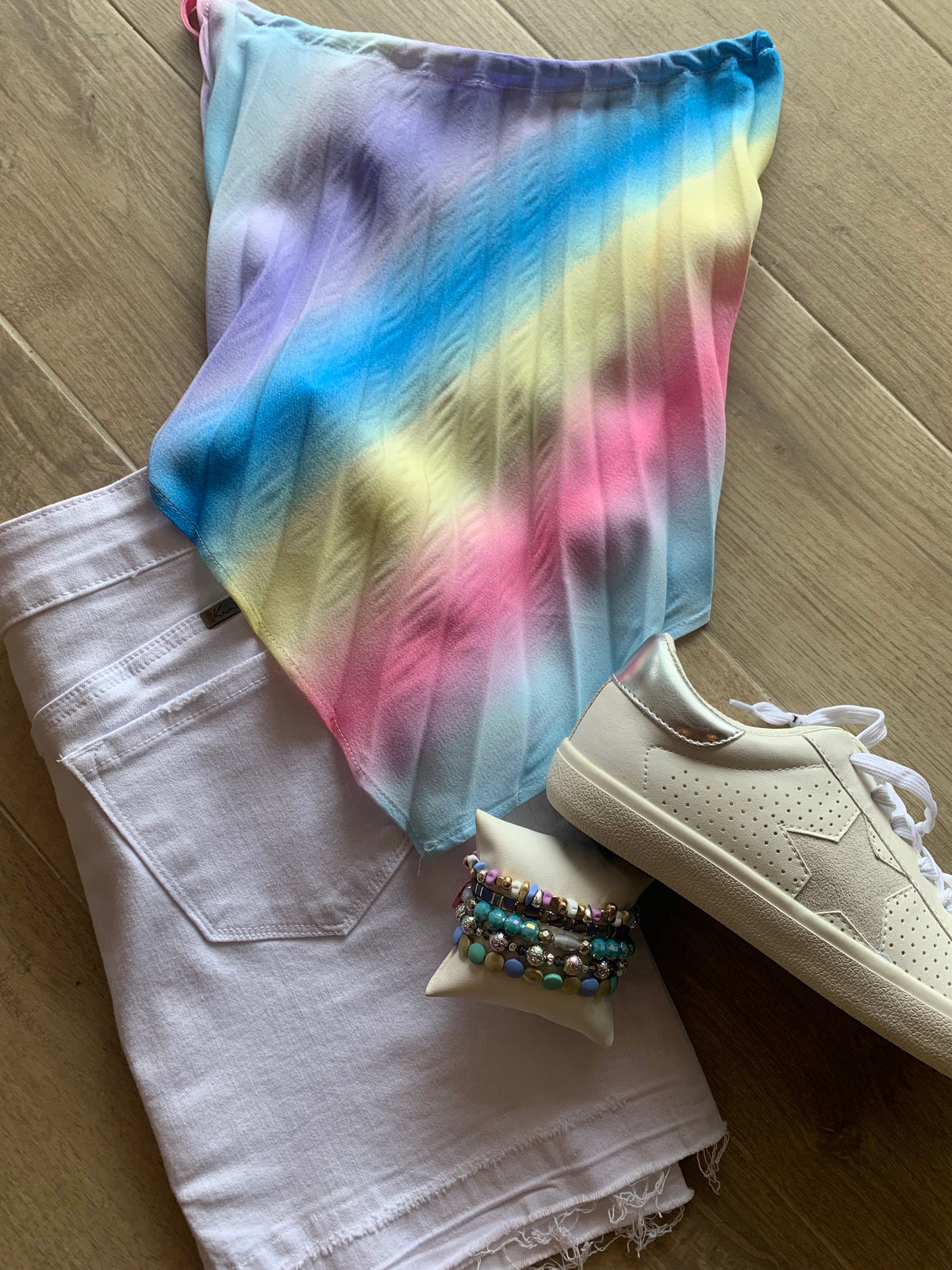Hers&Mine SOARING Pleat Tie~Dye V~Hem Halter Top