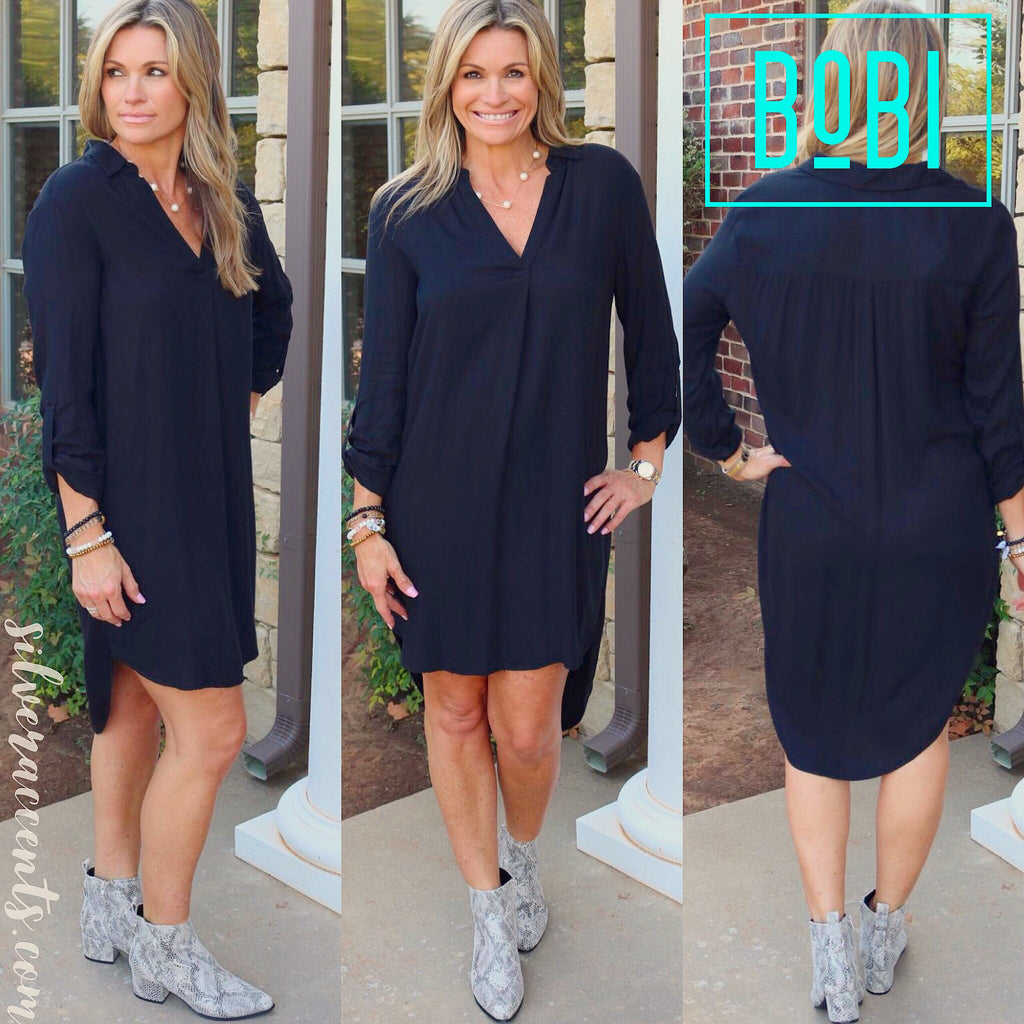 BOBI Beach Crepe CONVERSION Roll Sleeve HiLo ShirtHem Dress