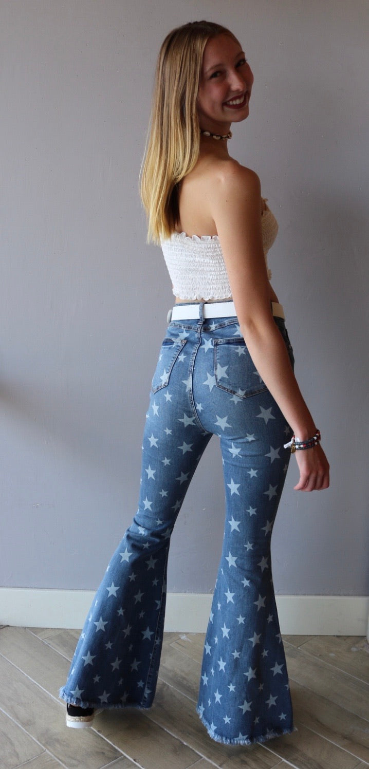 SHOWDOWN Star Print SuperFlare RawHem Jean