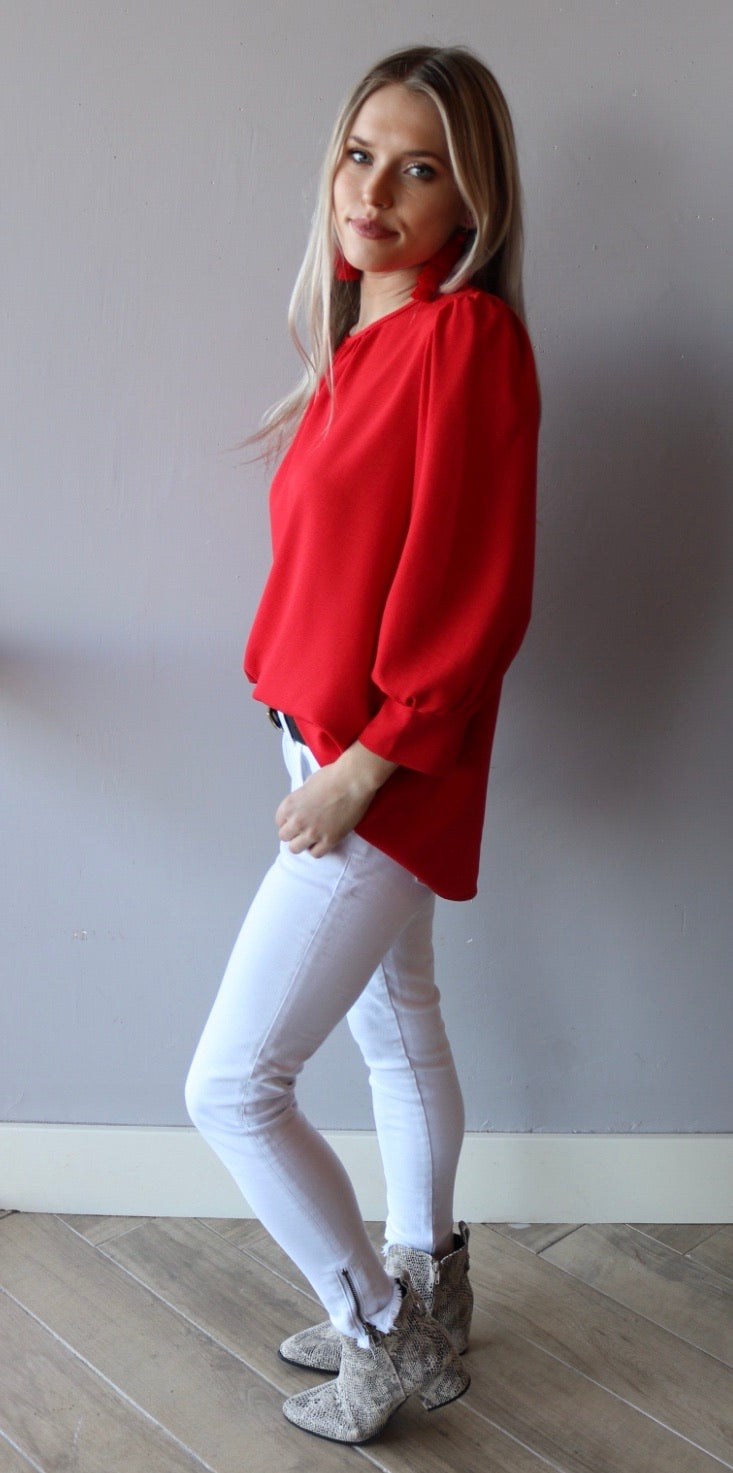 PRIORITY CuffSleeve Shirred Neck Woven Top