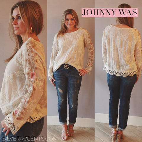 JOHNNY WAS COLLECTION Tonal Embroidered PAULINA Floral Sleeve LaceTrim Top