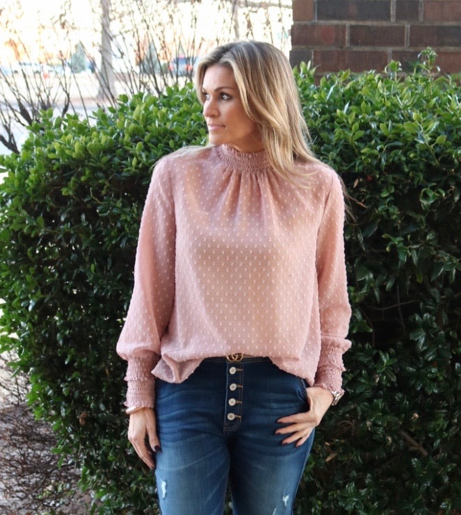 FOR KEEPS SwissDot Smocked Chiffon MockNeck Top