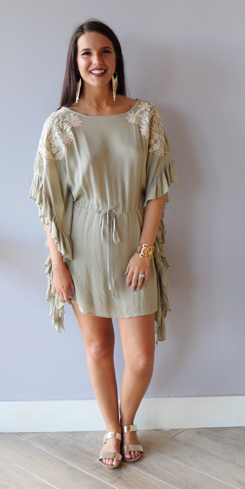 Taupe GUYANA Embroidered Ruffle Caftan Dress