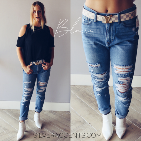 JBD BLAIRE High Rise Distressed Girlfriend Jeans