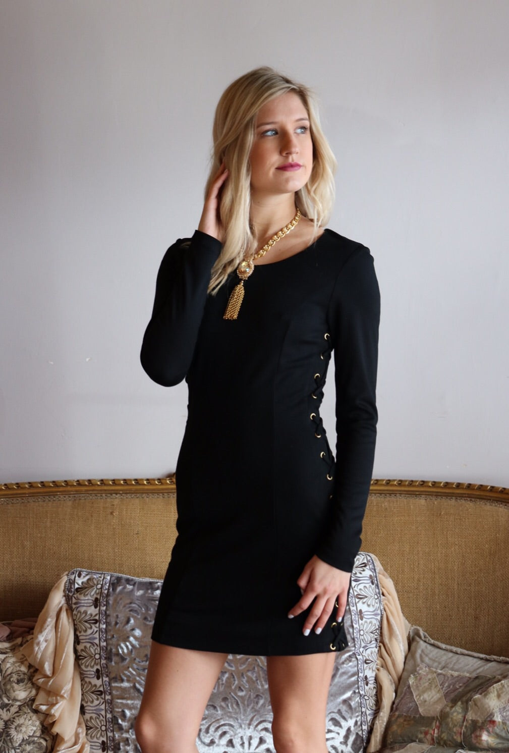 BOBI BLACK Ponte ANASTASIA LaceUp Sides Bodycon Dress Silver Accents BOBI BLACK Ponte ANASTASIA LaceUp Sides Bodycon Dress Silver Accents