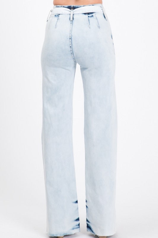 GIGI High Waisted Acid Wash Belted Stretch Flare Jean
