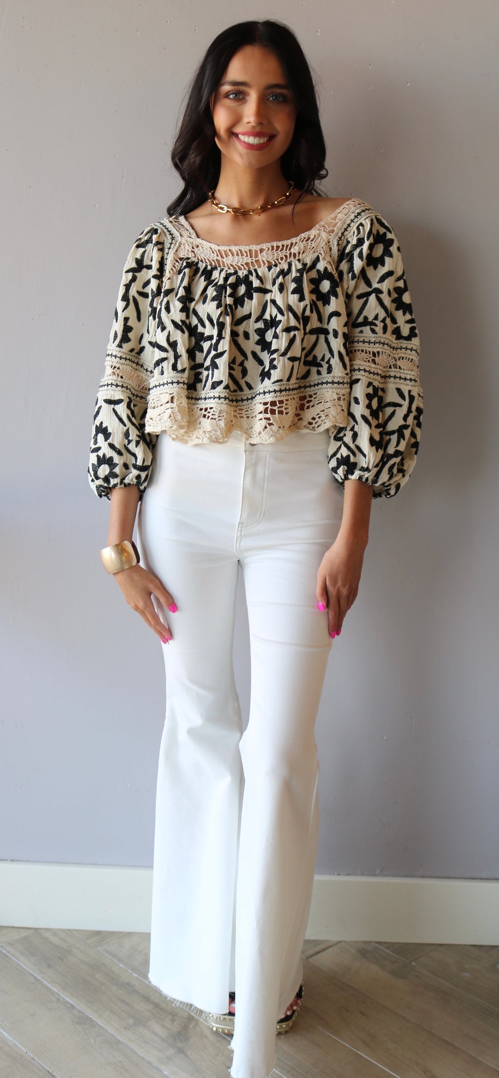 FREE PEOPLE Embroidered SOLEIL SquareNeck BalloonSleeve Top