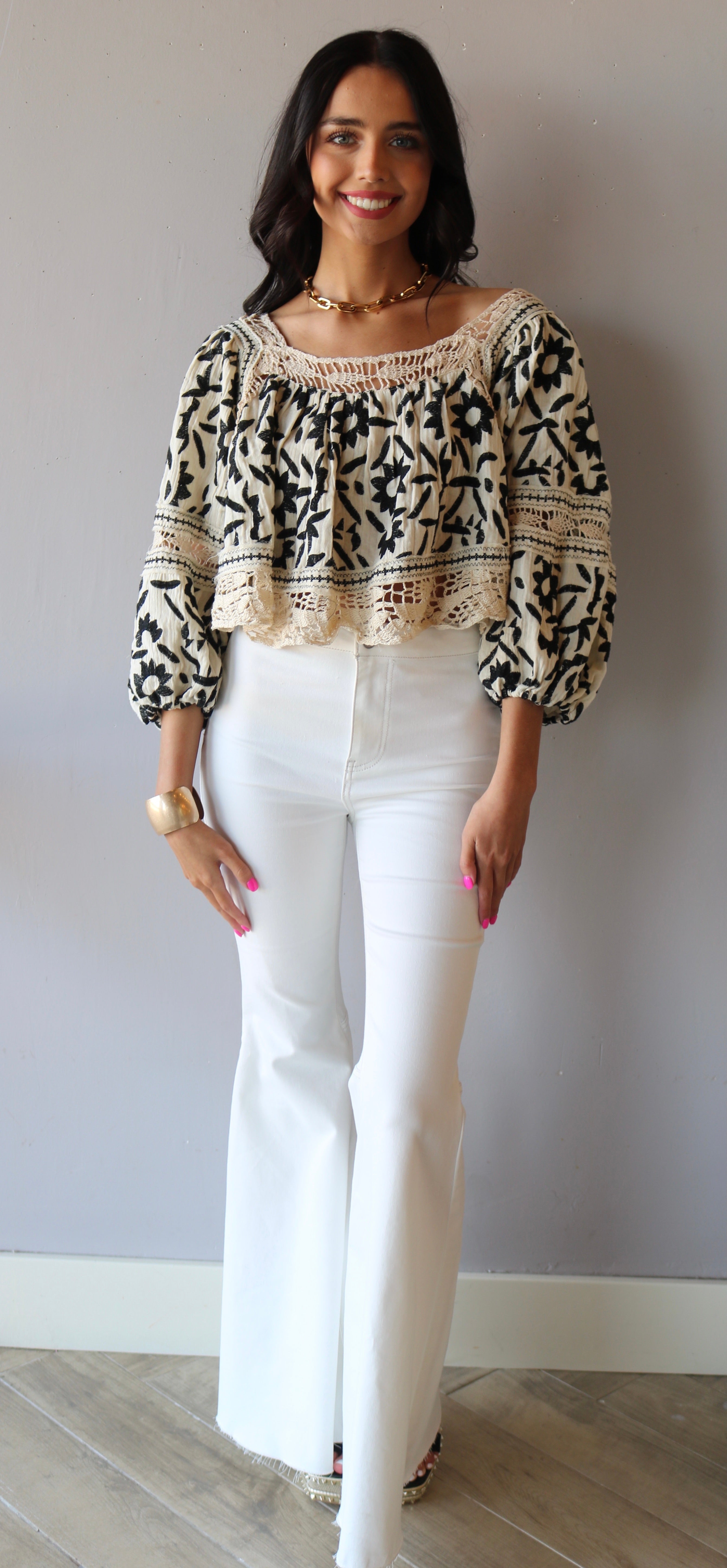 FREE PEOPLE Embroidered SOLEIL SquareNeck BalloonSleeve Top