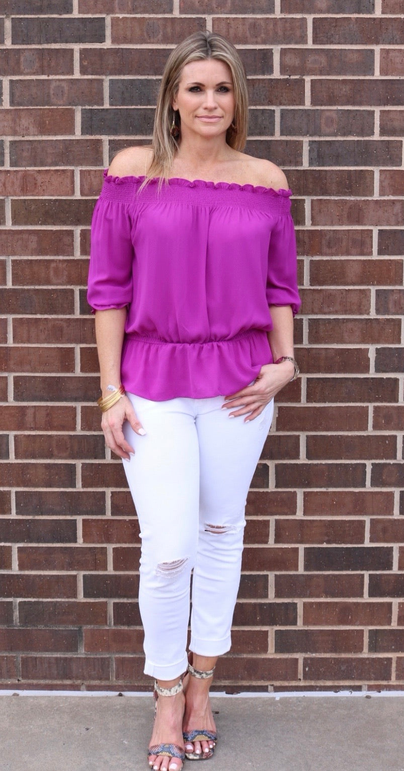 CHAPEL HILL OffShoulder RuffleHem Crepe Top