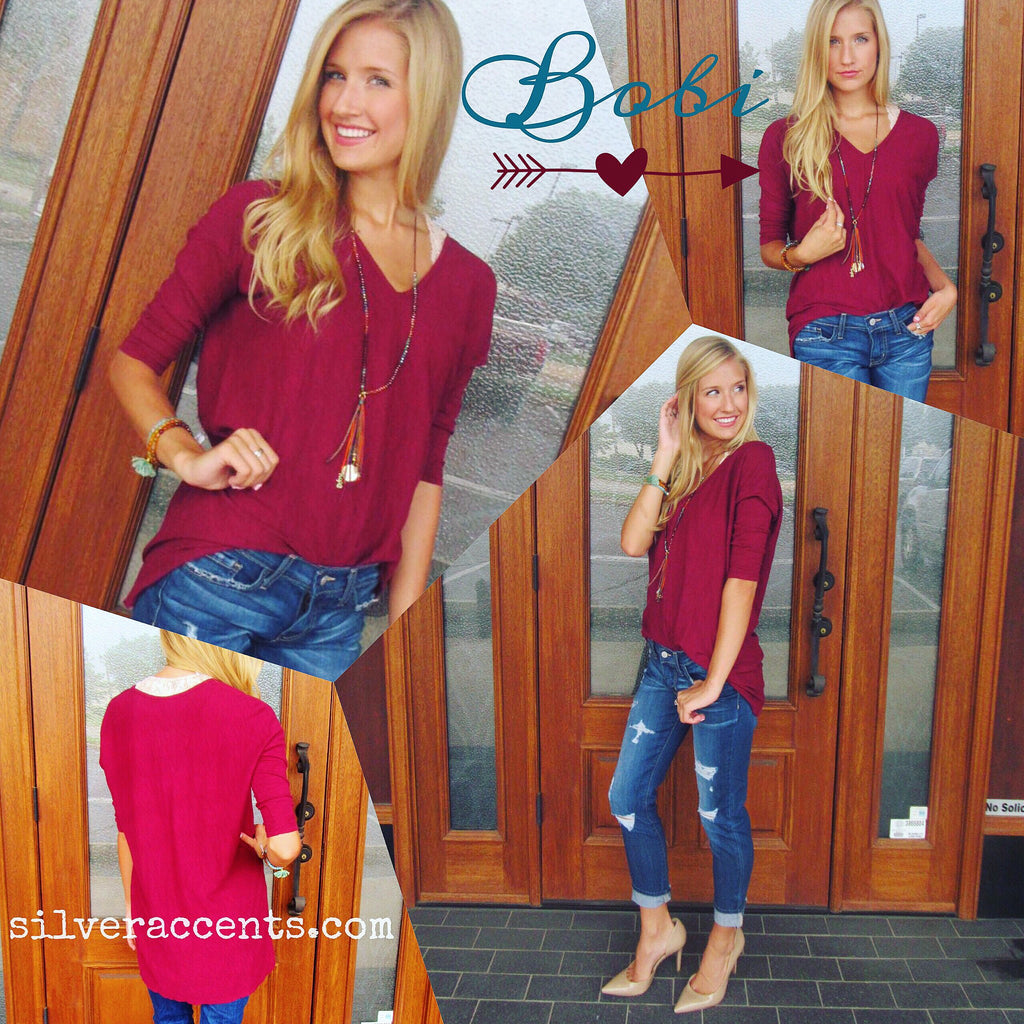 BOBI 3/4 Sleeve WALK ON THE BEACH Slub HiLo V-Neck Tunic Top