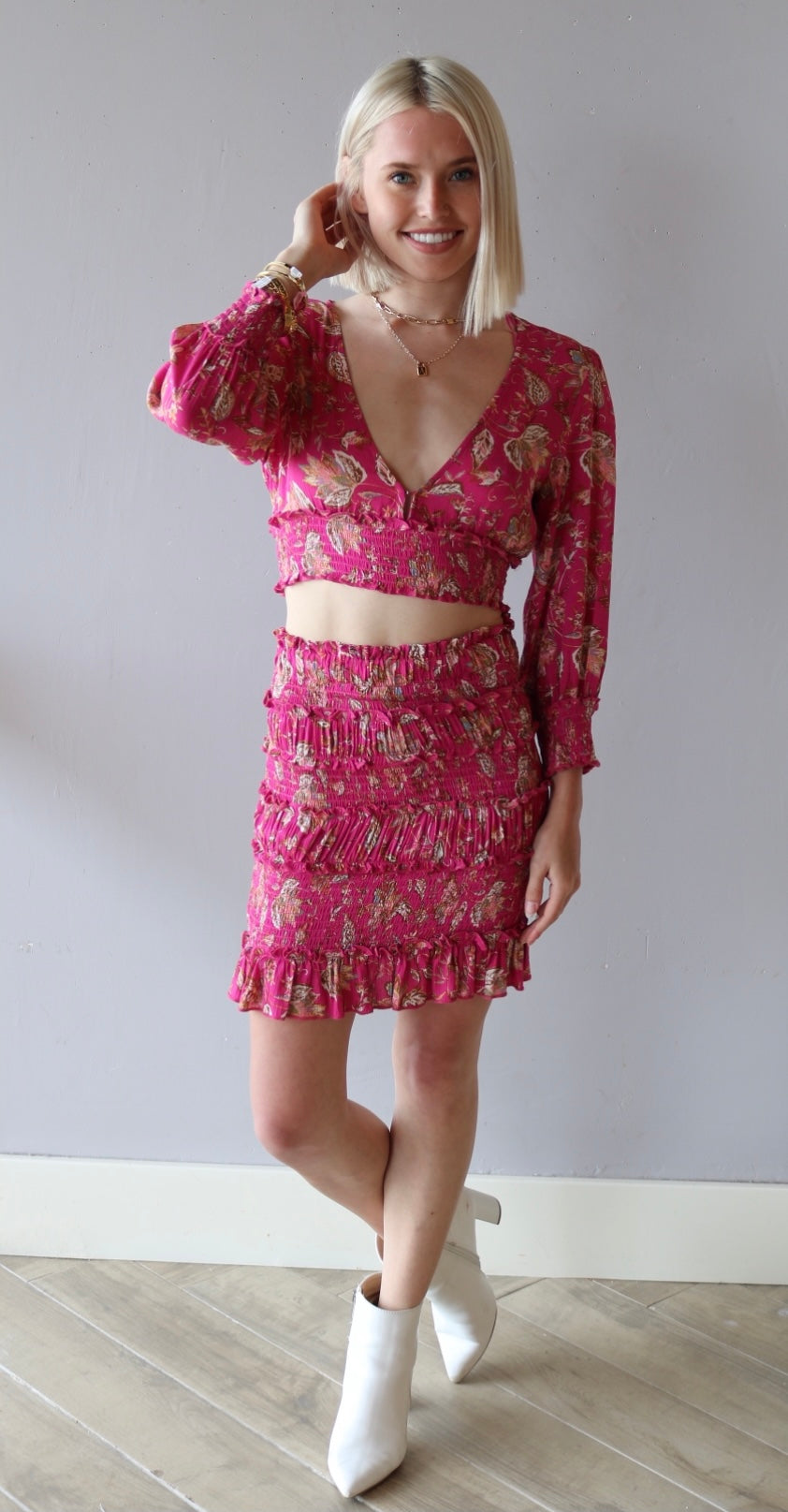 PARADISE 2pc Floral Crop Top/Ruffle Smock Skirt Set