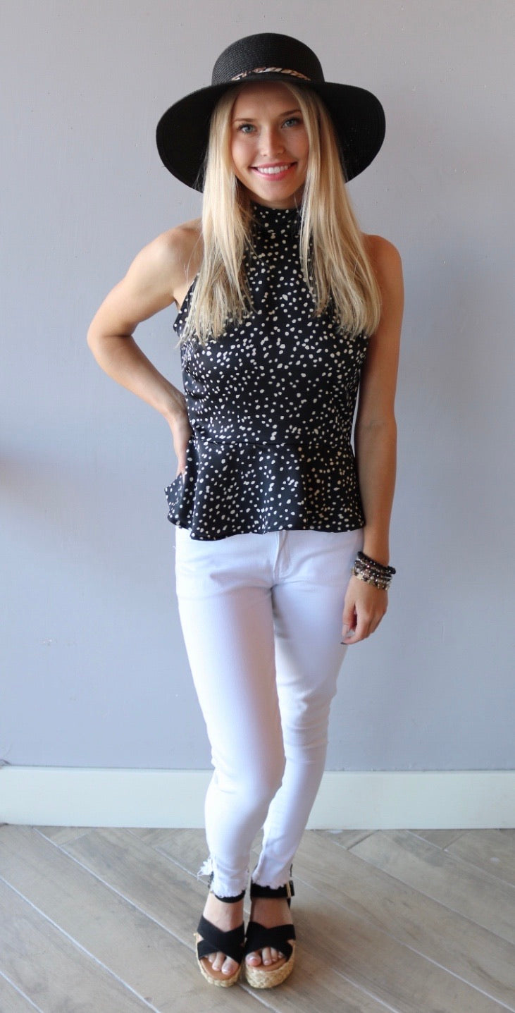 STRIDE Polka Dot High Tie Neck Satin Top