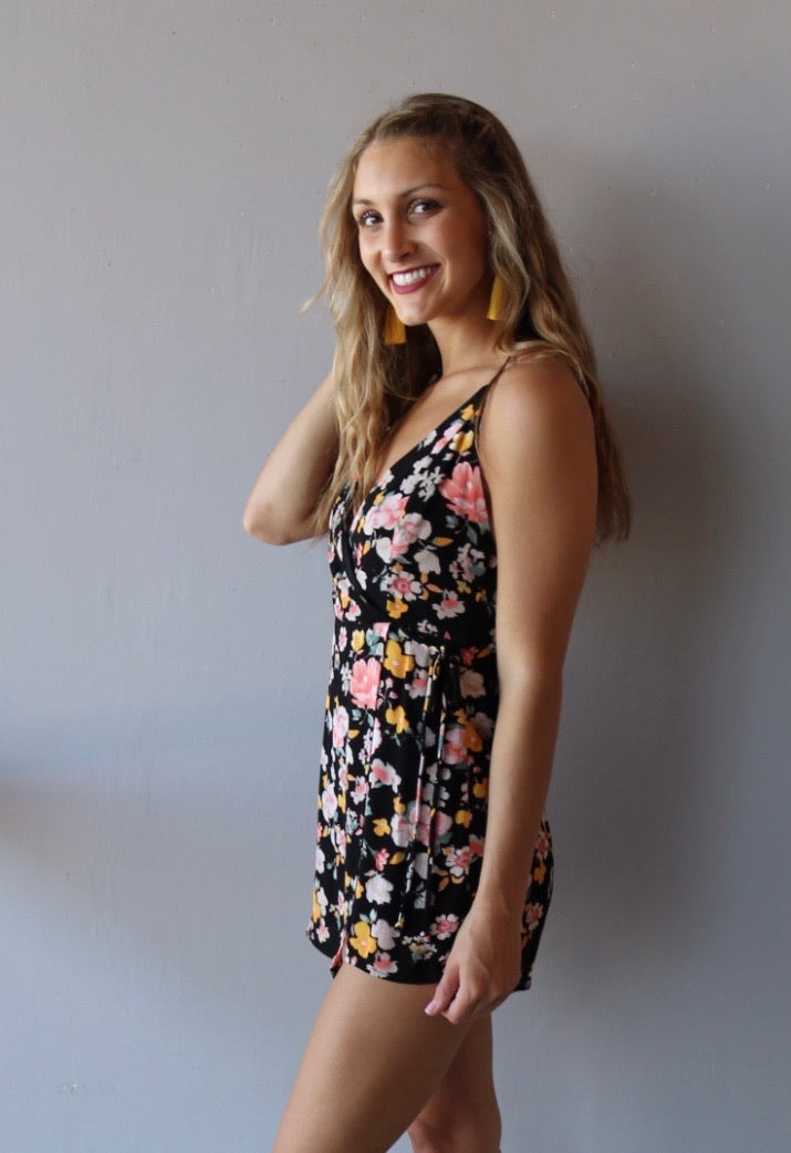 Blue Blush BOUNTY Floral Wrap V-neck Shorts Romper