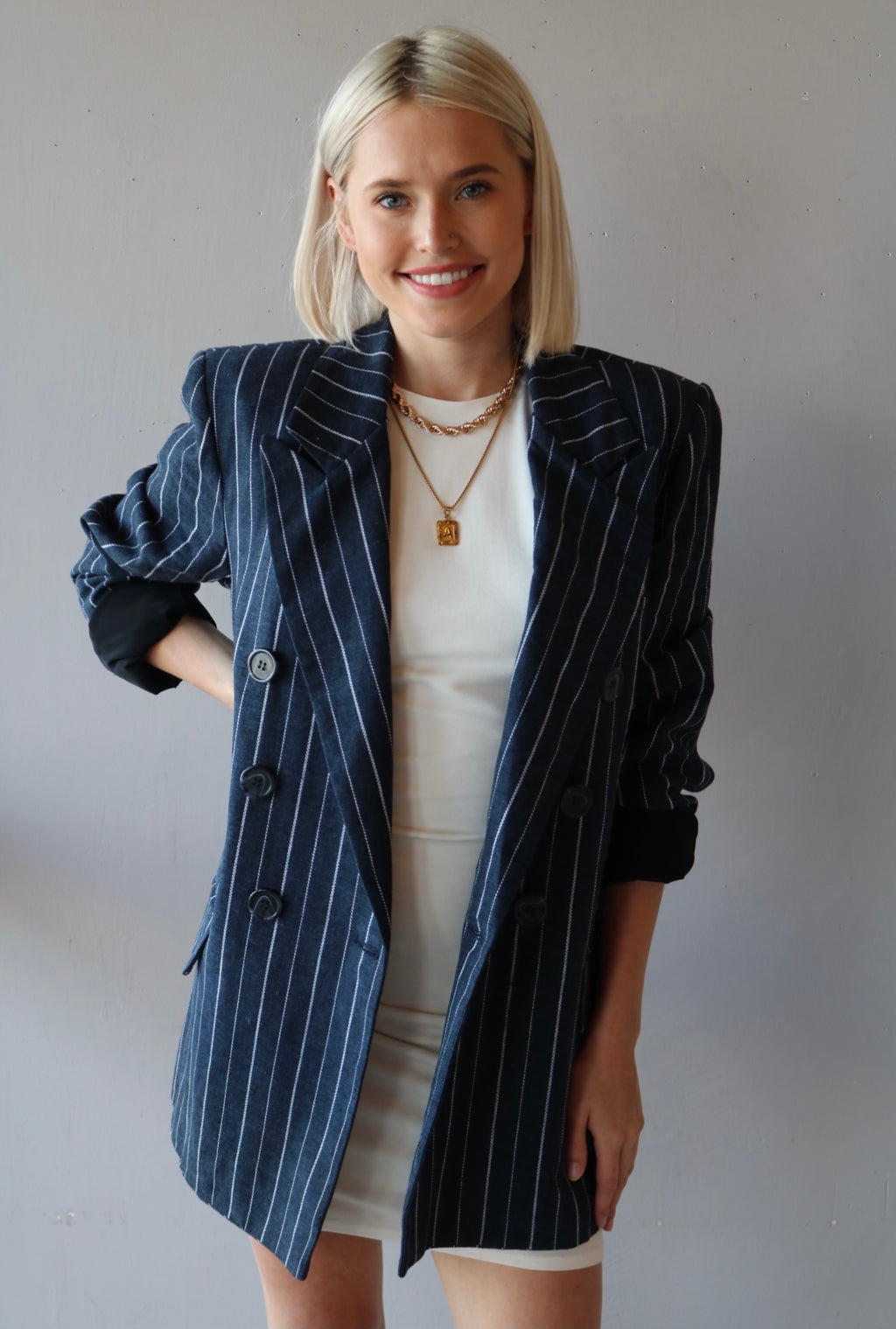 FREE PEOPLE Navy Combo ASHBY Pinstripe Blazer Jacket