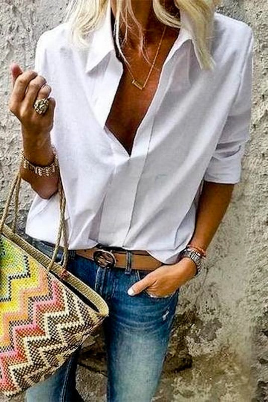 REGARDS V~Neck Collared Poplin Cotton Blouse Top