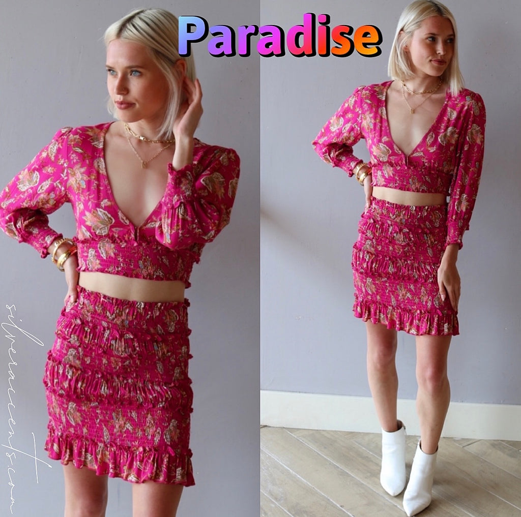 PARADISE 2pc Floral Crop Top/Ruffle Smock Skirt Set