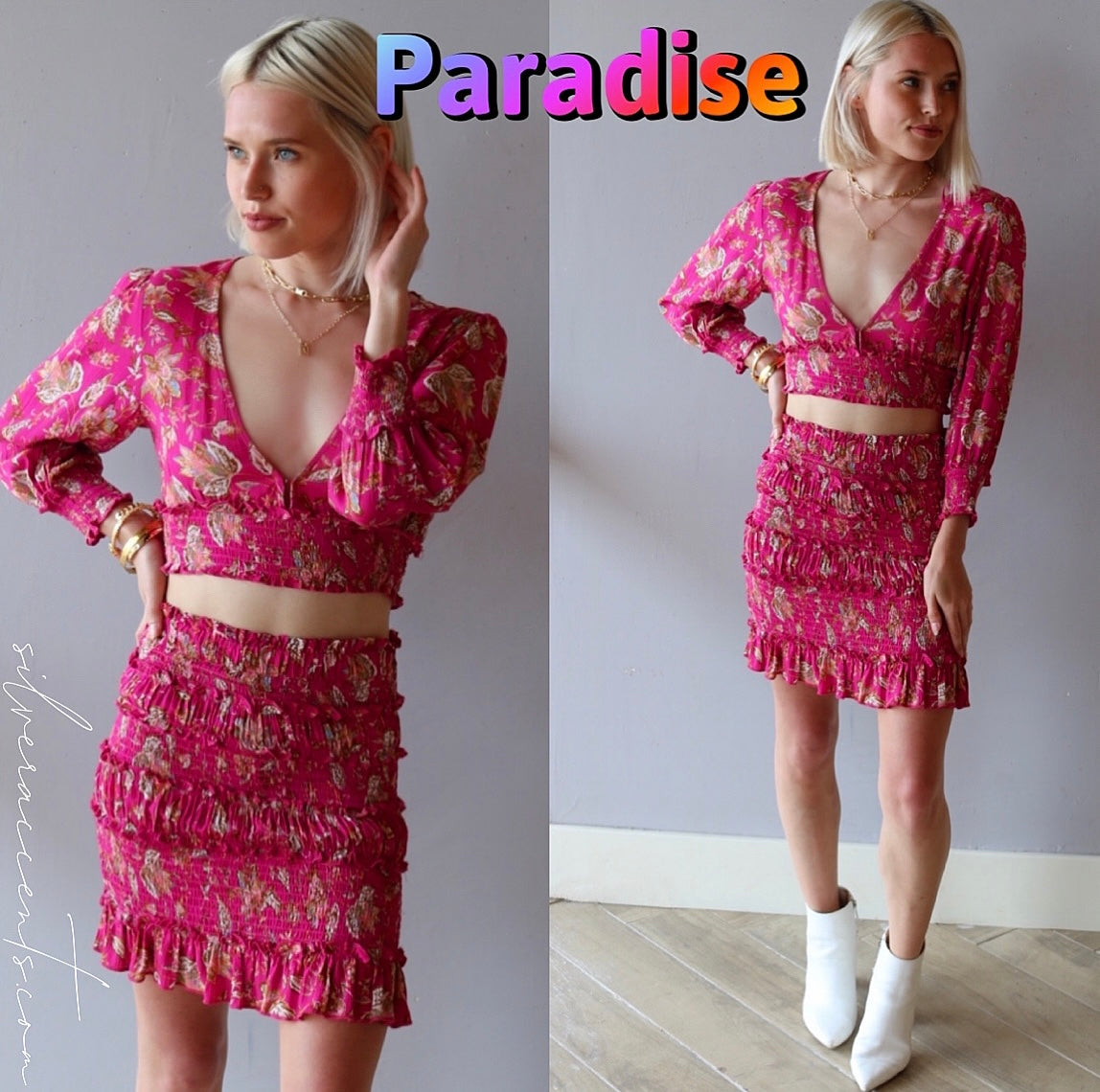 PARADISE 2pc Floral Crop Top/Ruffle Smock Skirt Set