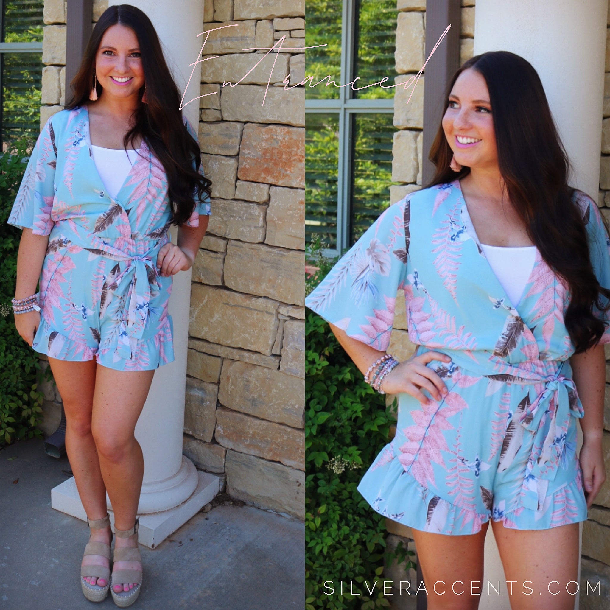 Blue blush ENTRANCED LeafPrint V-Neck TieWaist RuffleHem Short Romper