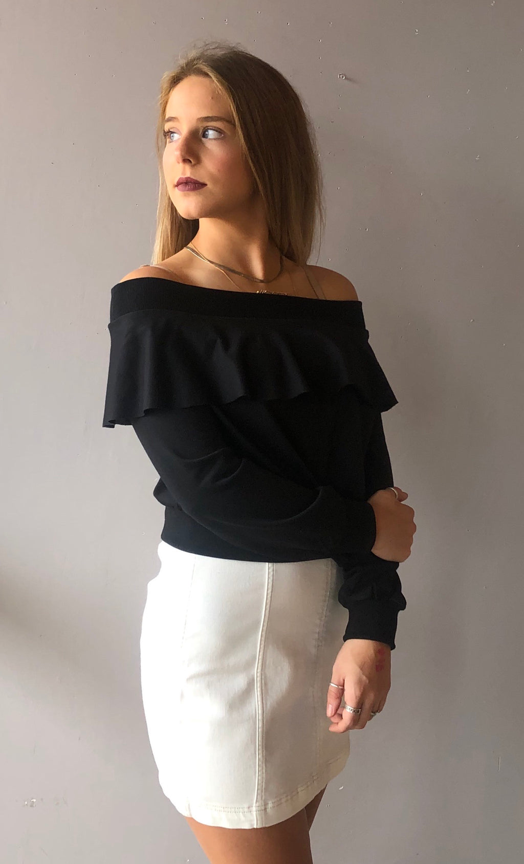 EASE Ruffled OffShoulder TerryKnit Top